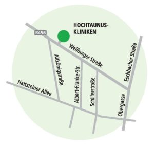 Dieses Bild zeigt den Standort der Hochtaunus-Kliniken in Usingen anhand einer Karte.