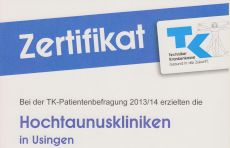 Dieses Bild zeigt das Zertifikat der Hochtaunus-Kliniken bei der Techniker Krankenkasse-Patientenbefragung 2013/2014