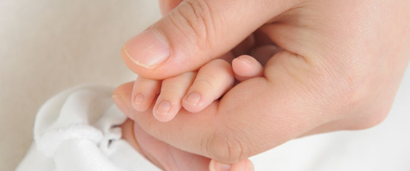 Dieses Bild zeigt eine Person, die die kleine Hand eines Babys hält.