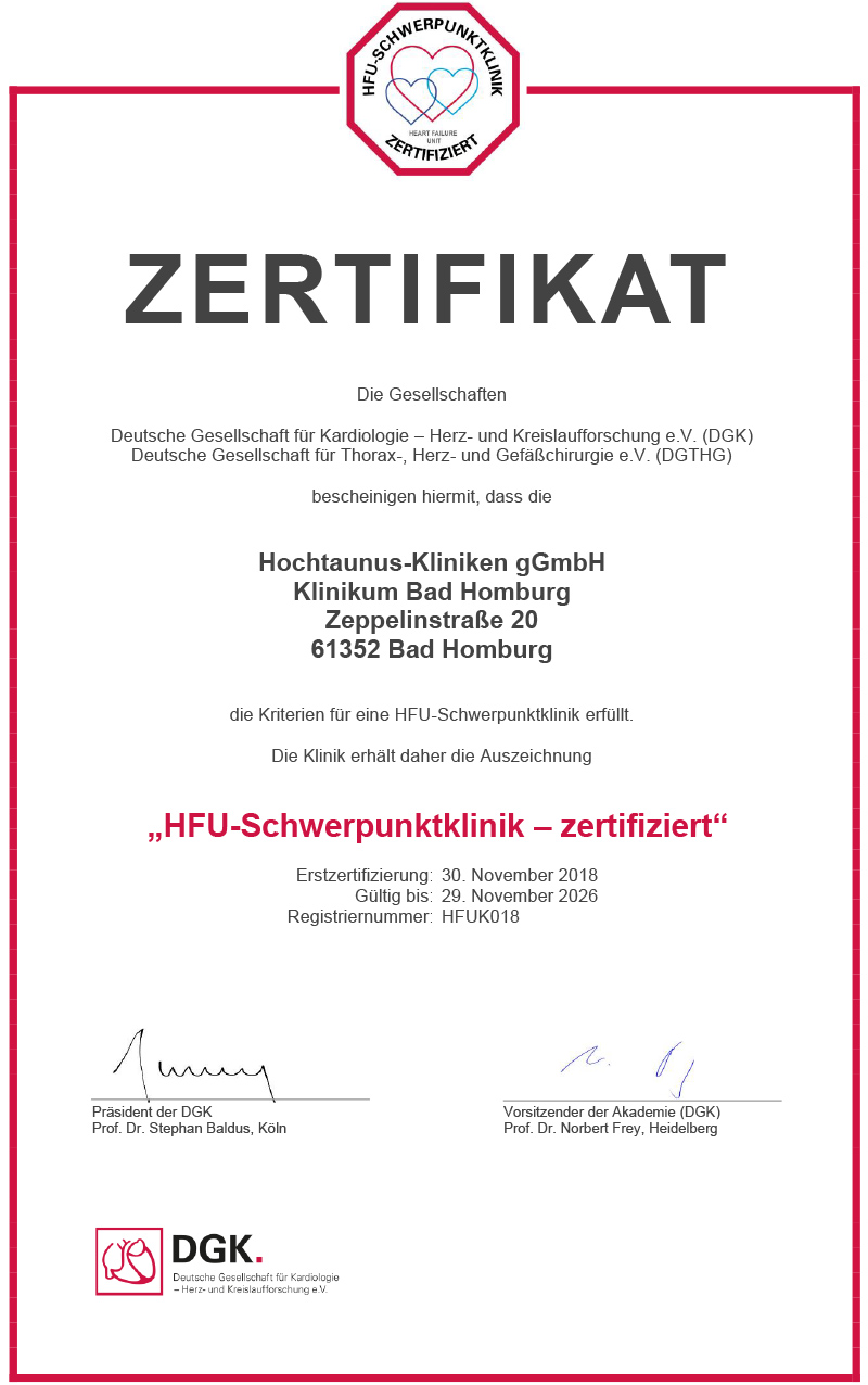 Dieses Bild zeigt das Zertifikat der HFU-Schwerpunktklinik