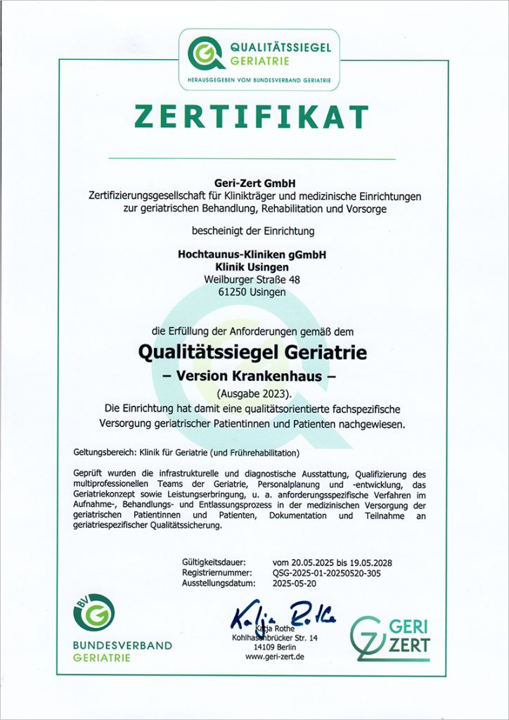 Zertifikat für das Qualitätssiegel Geriatrie, Version Krankenhaus