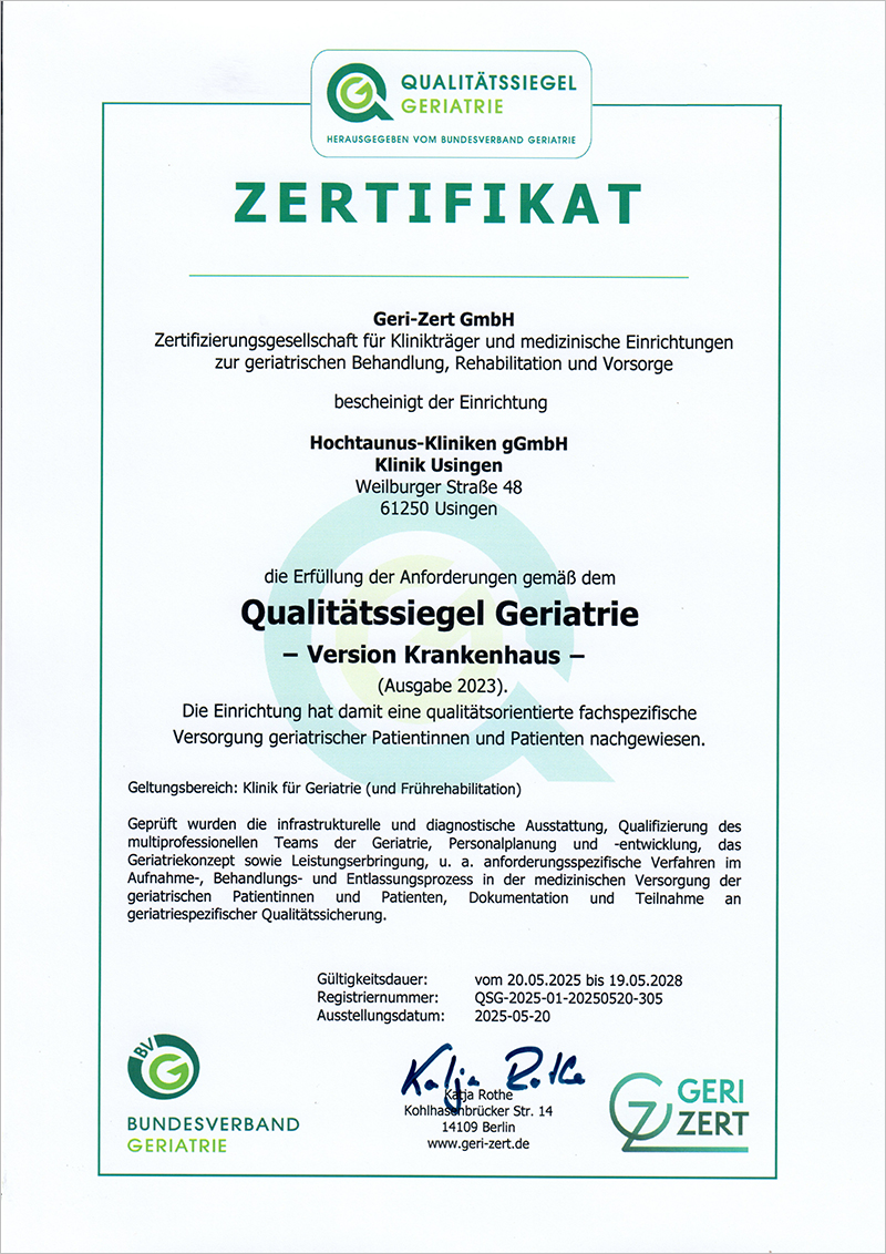 Zertifikat für das Qualitätssiegel Geriatrie, Version Krankenhaus
