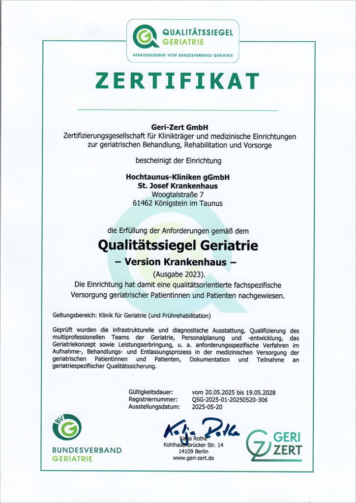 Zertifikat für das Qualitätssiegel Geriatrie – Version Krankenhaus, verliehen an das St. Josef Krankenhaus der Hochtaunus-Kliniken gGmbH in Königstein, gültig vom 20.05.2025 bis 19.05.2028.